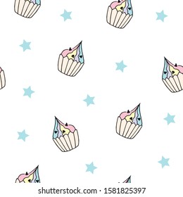 cupcakes seamless pattern in doodle style in vector. sweet delicious cupcakes background