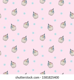 cupcakes seamless pattern in doodle style in vector. sweet delicious cupcakes background