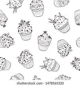 Cupcakes seamless pattern isolated on white background. Sweets background design. Hand drawn doodle illustration with pastry.