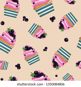 
Cupcakes seamless pattern. Muffins with cream of berries and fruits.