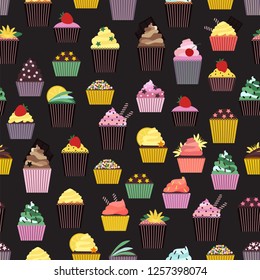 cupcakes seamless pattern on dark background vector