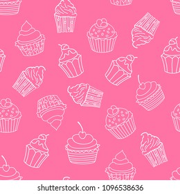 Cupcakes seamless pattern on pink background. Sweet pattern. Vector illustration.