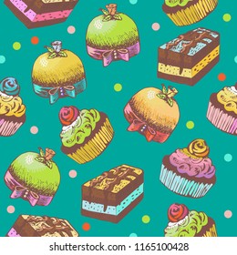 Cupcakes  seamless pattern on a turquoise background