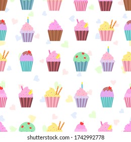 Cupcakes seamless pattern on white background.