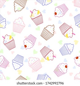 Cupcakes seamless pattern on white background.