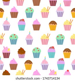 Cupcakes nahtloses Muster auf weißem Hintergrund.