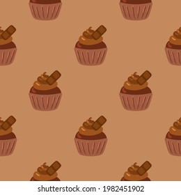 Cupcakes seamless pattern. Packaging. Celebratory cupcakes with cream and chocolate. Vector pattern on a colored background.