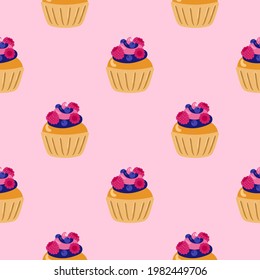 Cupcakes seamless pattern. Packaging. Festive cupcakes with cream and berries. Vector pattern on a colored background.