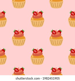 Cupcakes seamless pattern. Packaging. Festive cupcakes with cream and berries. Vector pattern on a colored background.