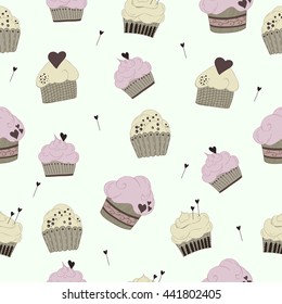 cupcakes seamless pattern, pink and light yellow cupcakes with chocolate hearts on the top