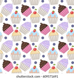 Cupcakes seamless pattern with polka dots on a white background in doodle style hand draw design.