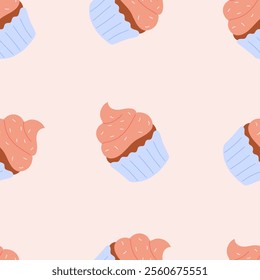 Cupcakes, seamless pattern. Sweet chocolate muffins, choco pastry texture design. Endless background, repeating print, bakery, confectionery, cup cakes. Flat vector illustration for wrapping, textile