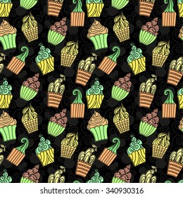 Cupcakes seamless pattern. Sweet muffins background for restaurant menu pages, web, textiles, 