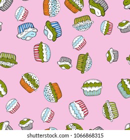 Cupcakes seamless pattern with watercolor on neutral, white, green, black and gray background. Hand drawn doodle illustration with pastry. Vector illustration. Sweets background design.