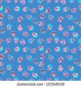 Cupcakes seamless pattern with watercolor on blue, violet and neutral background. Sweets background design. Vector illustration. Hand drawn doodle illustration with pastry.