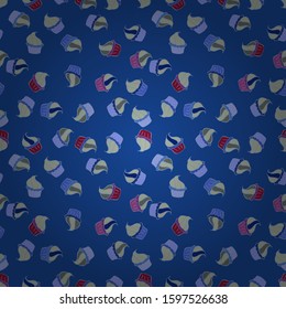 Cupcakes seamless pattern with watercolor on gray, purple and blue background. Vector illustration. Sweets background design. Hand drawn doodle illustration with pastry.