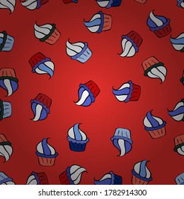 Cupcakes seamless pattern with watercolor on white, red and black background. Vector illustration. Hand drawn doodle illustration with pastry. Sweets background design.