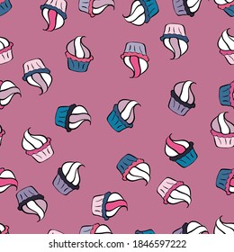 Cupcakes seamless pattern with watercolor on pink and white background. Hand drawn doodle illustration with pastry. Sweets background design. Vector illustration.