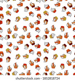 Cupcakes seamless pattern with watercolor on orange, black and white background. Vector illustration. Sweets background design. Hand drawn doodle illustration with pastry.
