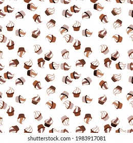 Cupcakes seamless pattern with watercolor on neutral, white and brown background. Vector illustration. Hand drawn doodle illustration with pastry. Sweets background design.