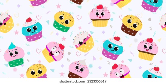 Cupcakes seamless vector design. Cute birthday cupcakes elements with doodle white background. Vector illustration for birthday wrapper and wallpaper.