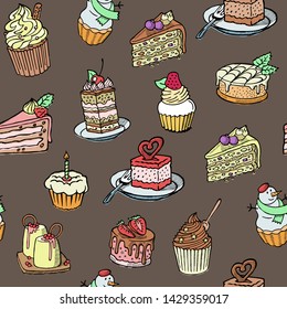 Cupcakes seamless vector pattern sketch style on retro brown background. Sweet cakes background design. Illustration with pastry and pieces of poundcakes.