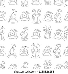 Cupcakes seamless vintage pattern. Monochrome cafe print.