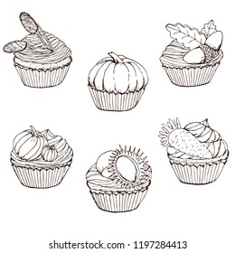 Cupcakes set of autumn sketch in vintage style, with chestnuts, carrots, pumpkin stock vector illustration for design and decoration