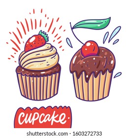 Cupcakes set with cherry and strawberry. Colorful hand drawn vector illustration isolated on white background.