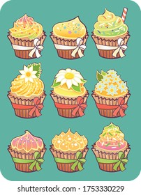 cupcakes set - daisies (color: green, yellow, white)