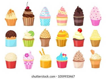 Cupcakes set. Delicious cakes. Isolated on white background. Vector illustration.