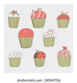 Cupcakes set with flowers, cloud, bee, cream, heart.  color version