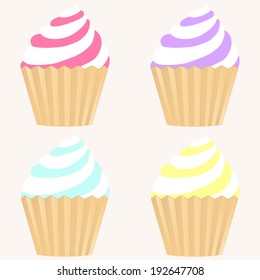 Cupcakes. Set of four colorful cupcakes. Illustration of isolated vector set of cupcakes on white.