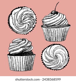 Cupcakes set, hand drawn sketch, vector illustration	