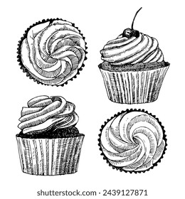 Conjunto de cupcakes, dibujo a mano, ilustración vectorial 