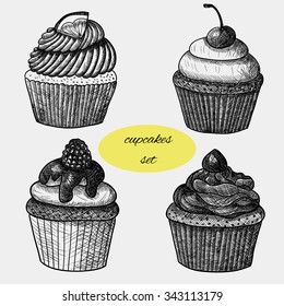 Cupcakes set. Lemon cupcake, cherry cupcake, raspberry cupcake and chocolate cupcake. Sketch. Vector hand-drawn black and white illustration