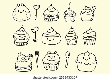 Cupcakes Set Muffins Crema Lindo dibujado a mano en blanco y negro