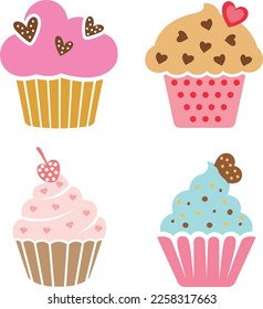 cupcakes set vector, hand drawn dessert illustration in cartoon style isolated on white background