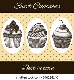 Cupcakes set. Vector hand-drawn illustration. Vintage card, template for design