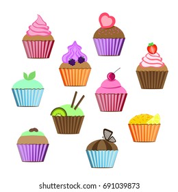 cupcakes set vector illustration. Cake for design works.