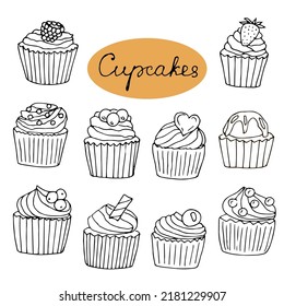 Cupcakes set vector illustration, hand drawing doodles