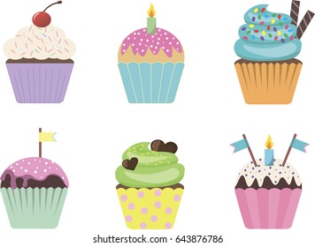  Cupcakes set, vector, illustration, sprinkles, chocolate, hearts, decoration, flag, birthday party, candle, cherry