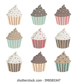 Cupcakes. Set of vector illustrations of cute  desserts. Cute cupcakes collection.