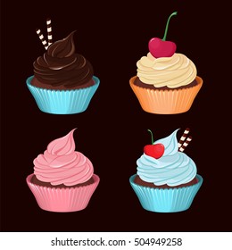 Cupcakes. Set of vector tasty cupcakes with cream.