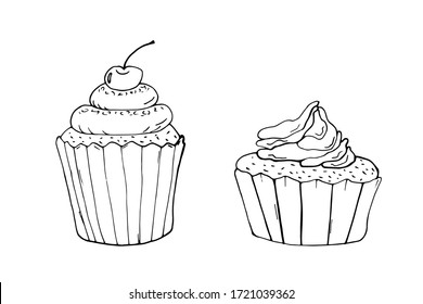 Cupcakes silhouette on a white background, coloring book. Vector illustration