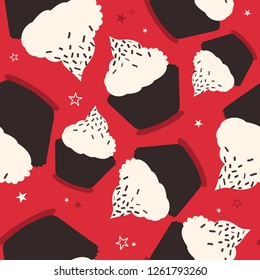 Cupcakes, stars, hand drawn seamless pattern. Colorful background vector with collection of confectionery. Decorative wallpaper, good for printing. Overlapping ornament, backdrop design