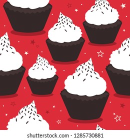 Cupcakes, stars, hand drawn seamless pattern. Colorful background vector with collection of confectionery. Decorative wallpaper, good for printing. Overlapping ornament, backdrop design