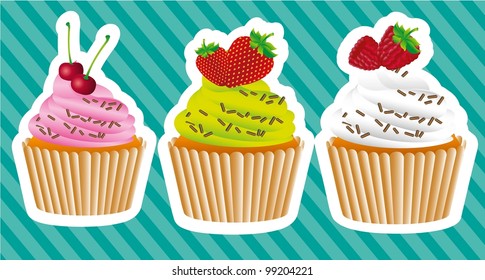 cupcakes stickers on background lines with strawberries, blackberries and cherries