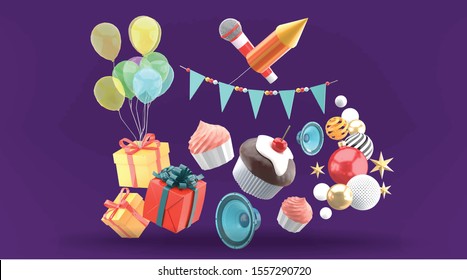 Cupcakes surrounded by gift boxes, balloons, speakers, string flags and squeezed on a purple background.
