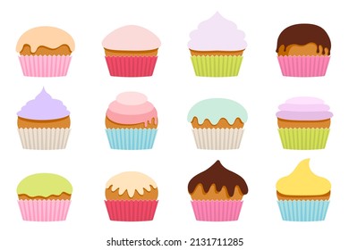 Cupcakes sweet delicious colored pastel colors simple shapes set. Muffins with cream, icing, chocolate. Decorative elements isolated on white background. Flat style. Vector illustration